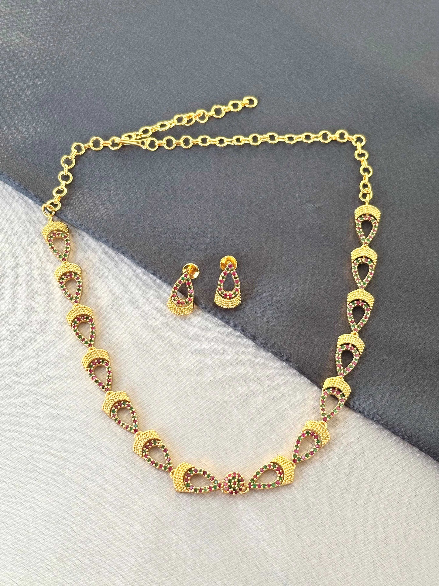 Gold Ruby Pink and Green Stone Oval Charm Necklace