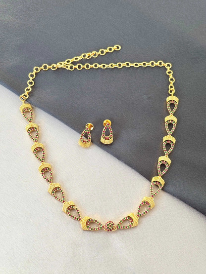 Gold Ruby Pink and Green Stone Oval Charm Necklace