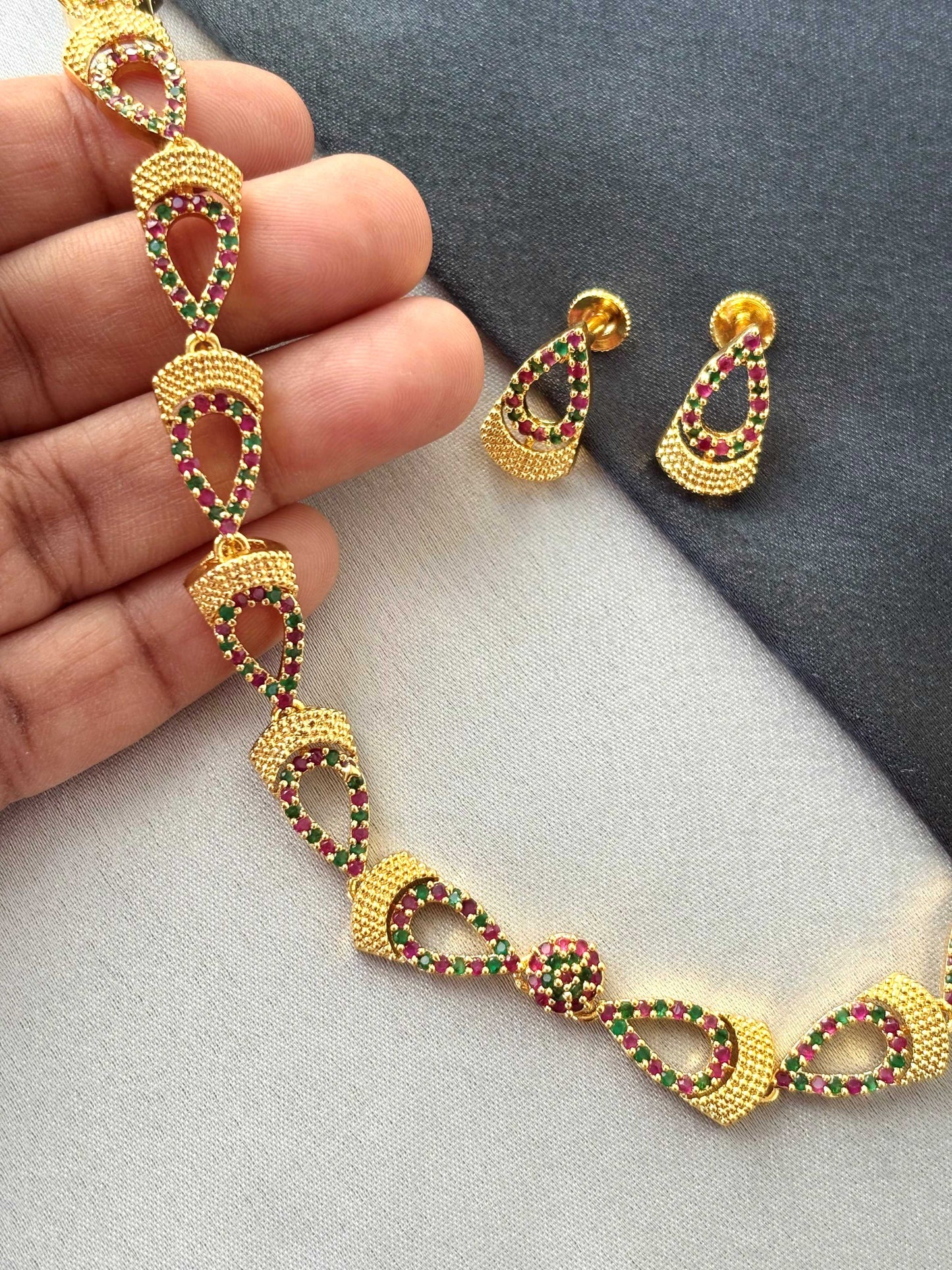 Gold Ruby Pink and Green Stone Oval Charm Necklace