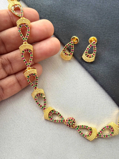 Gold Ruby Pink and Green Stone Oval Charm Necklace