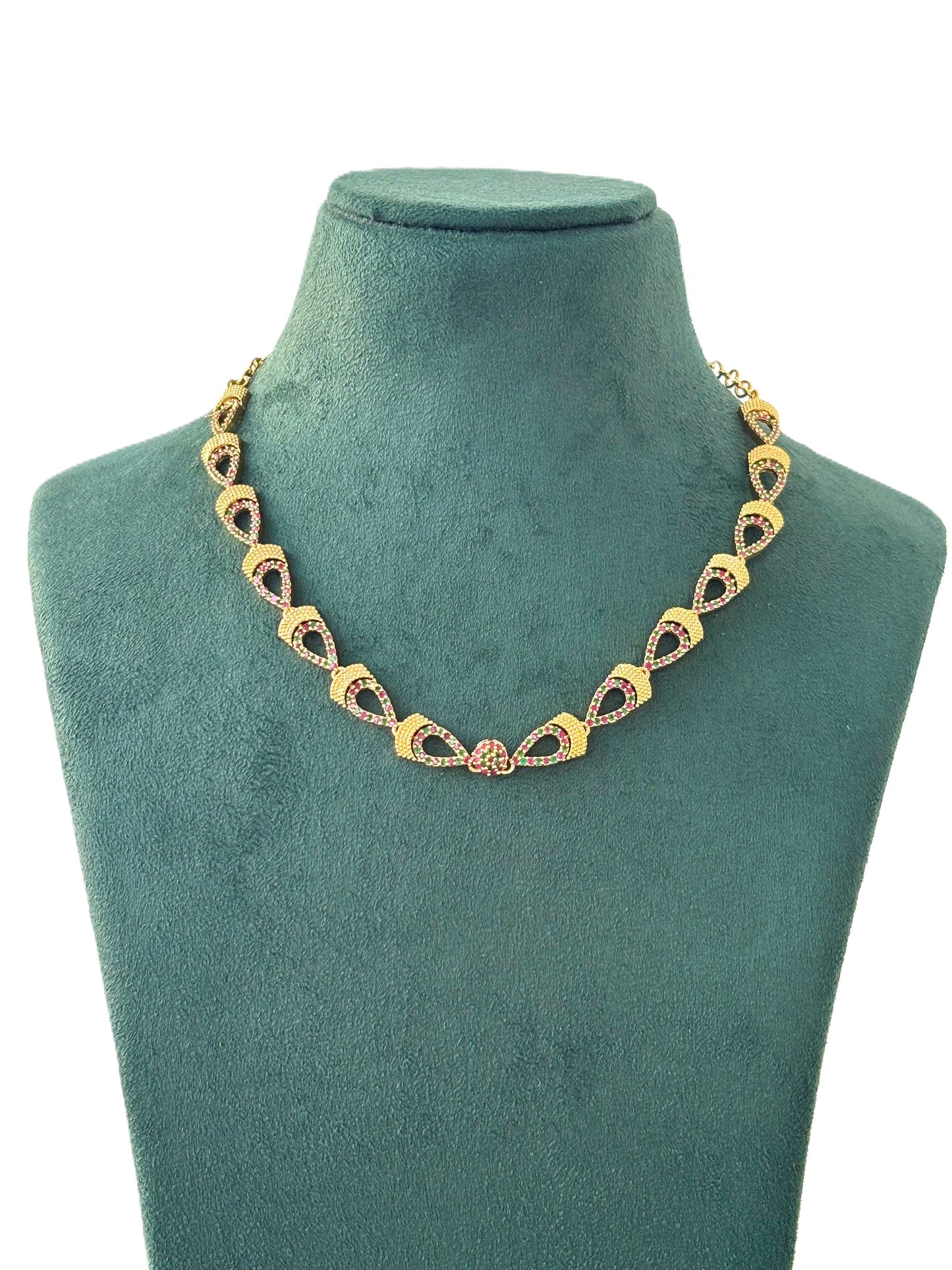 Gold Ruby Pink and Green Stone Oval Charm Necklace