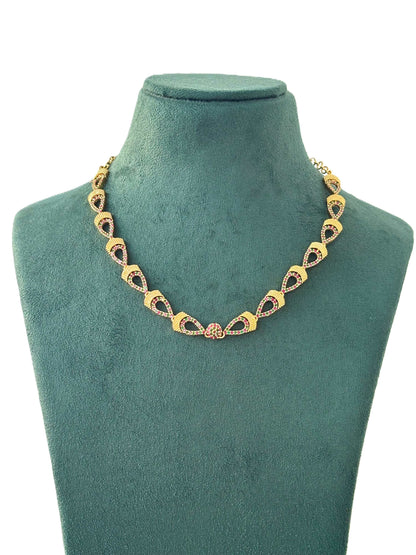 Gold Ruby Pink and Green Stone Oval Charm Necklace