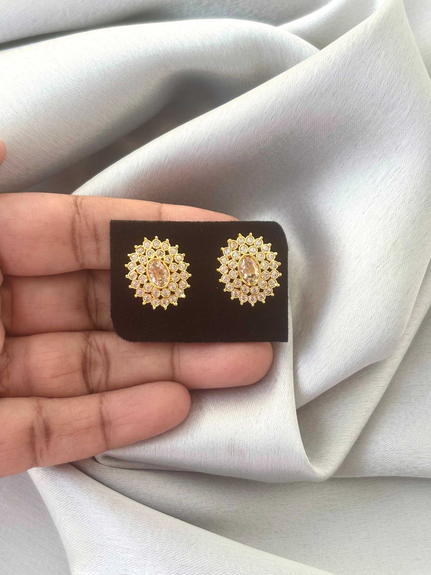 Gold Plated Oval Sunburst Crystal Studs