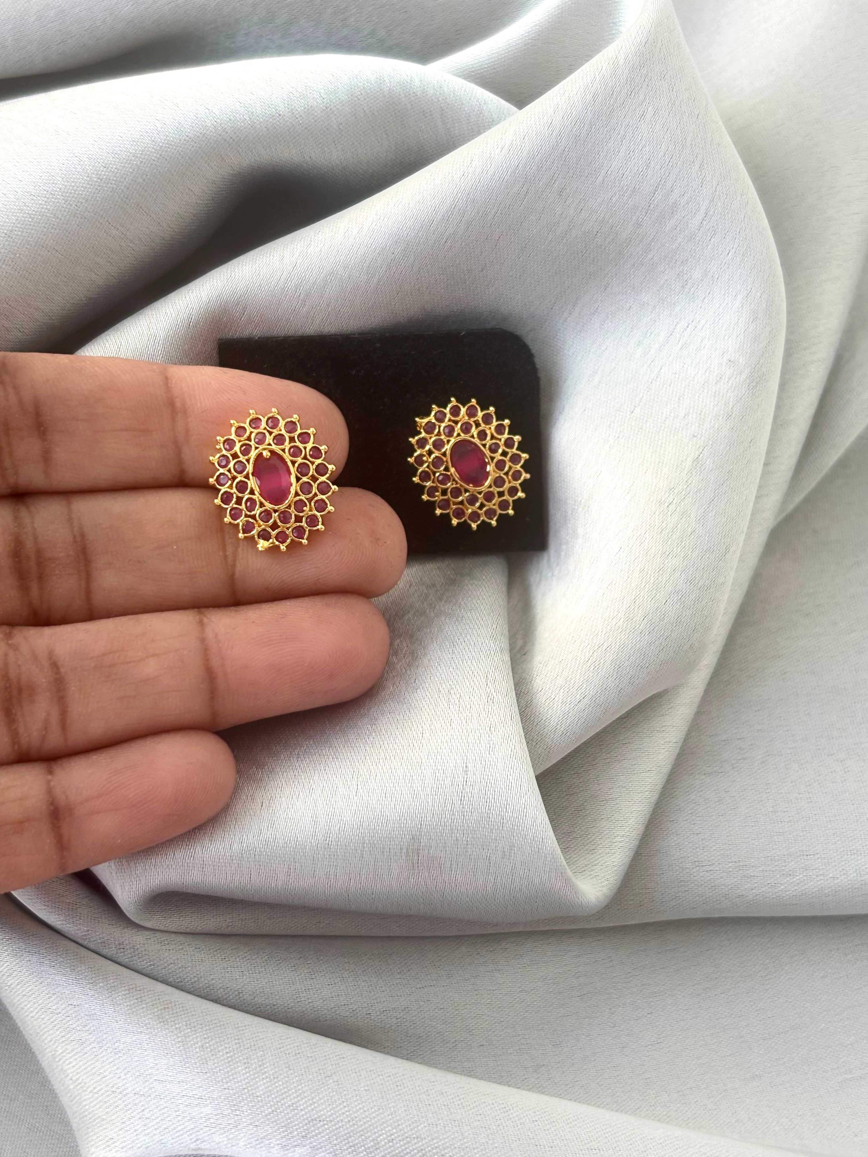 Gold Plated Oval Sunburst Red Stone Studs