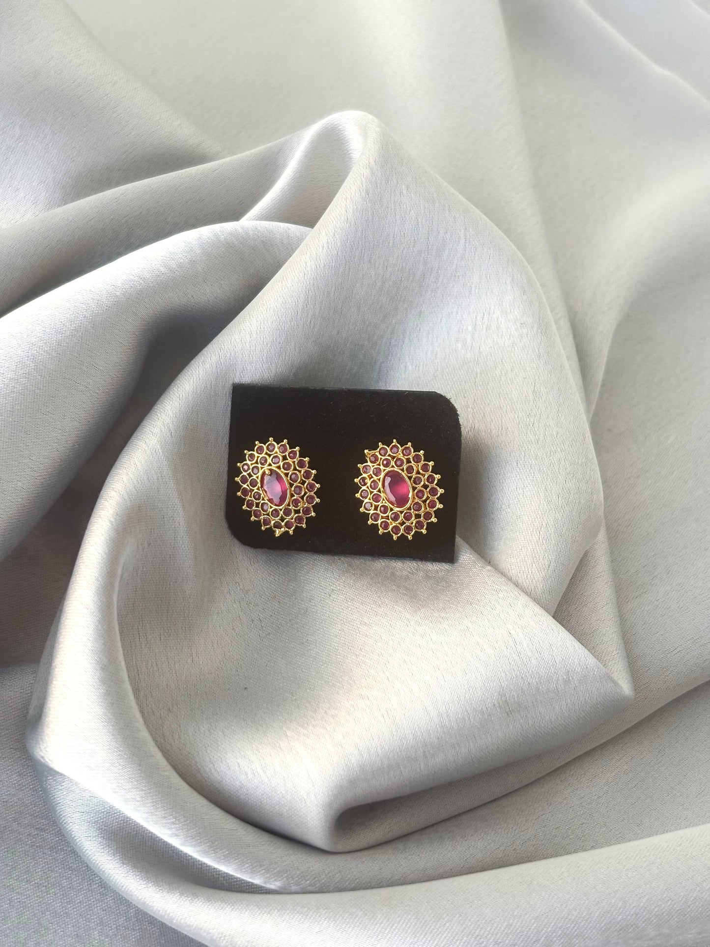 Gold Plated Oval Sunburst Red Stone Studs