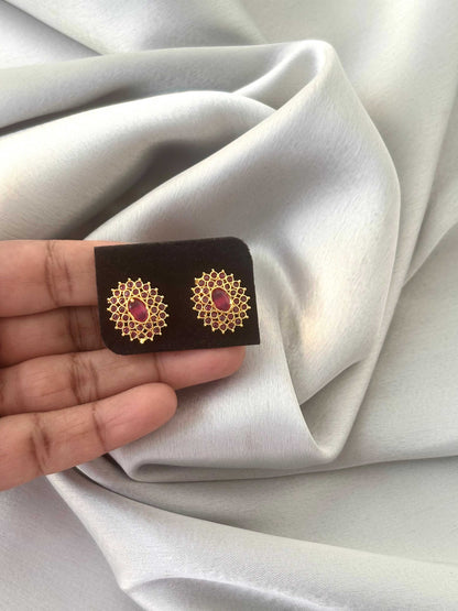 Gold Plated Oval Sunburst Red Stone Studs