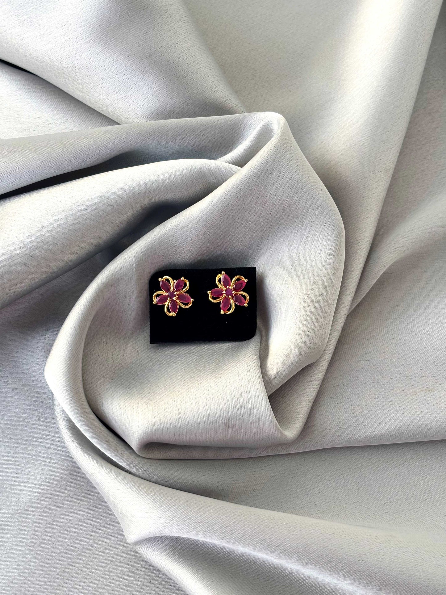Gold Plated Pink Stone Swirl Floral Studs