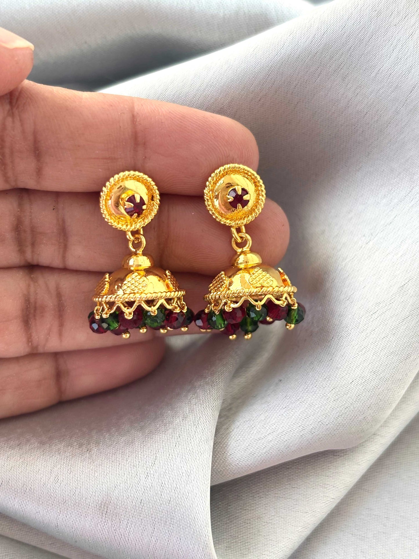 Gold Plated Jhumka with Red and Green Beads