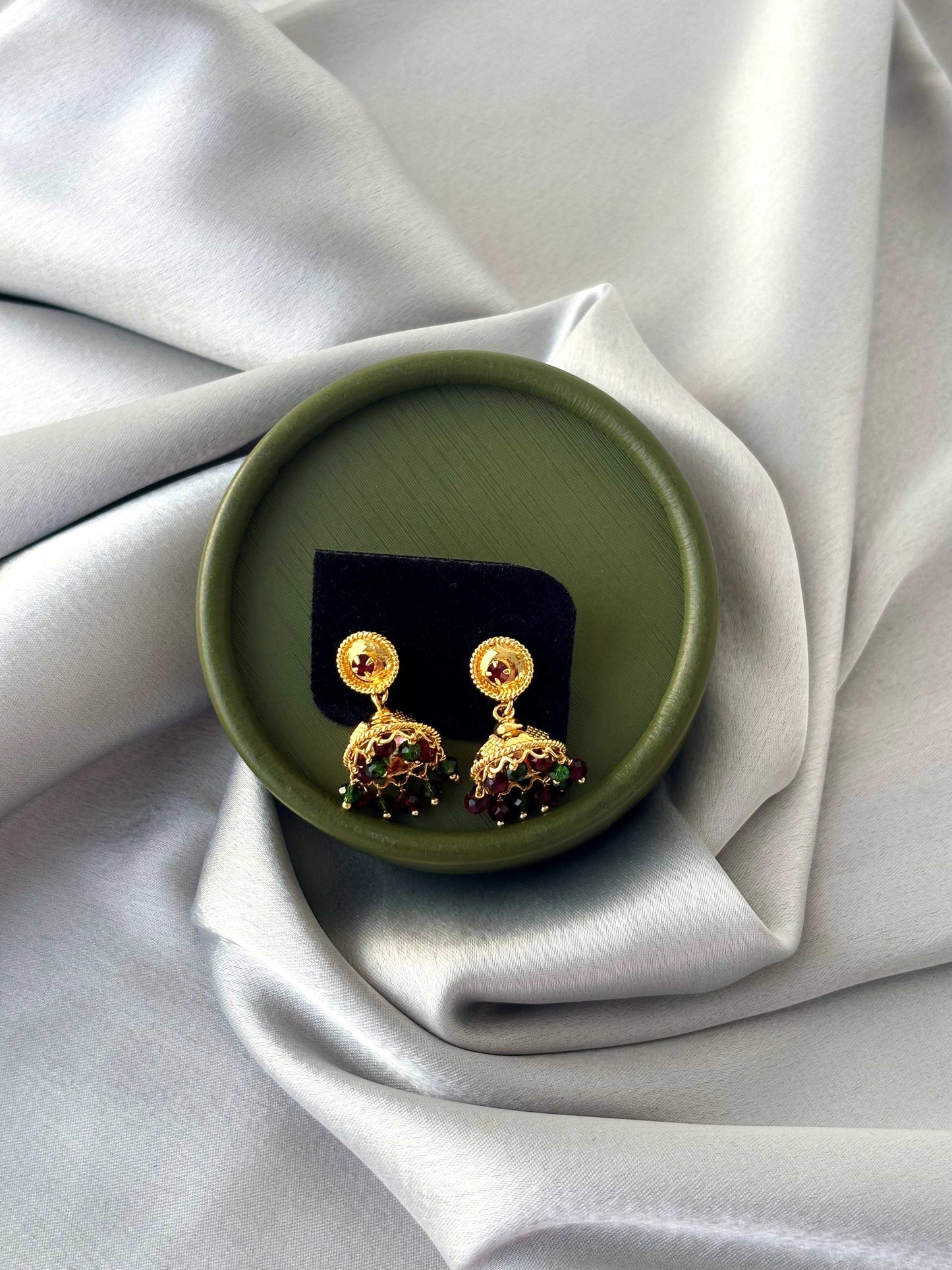 Gold Plated Jhumka with Red and Green Beads