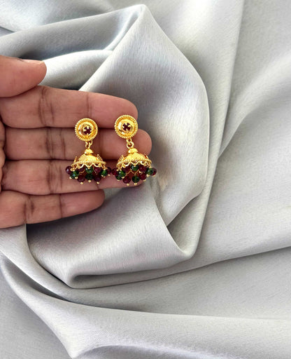 Gold Plated Jhumka with Red and Green Beads
