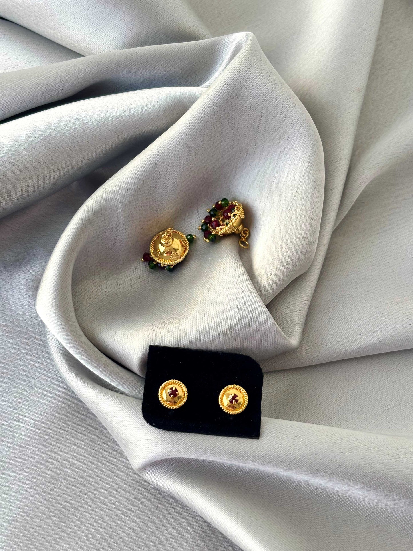 Gold Plated Jhumka with Red and Green Beads