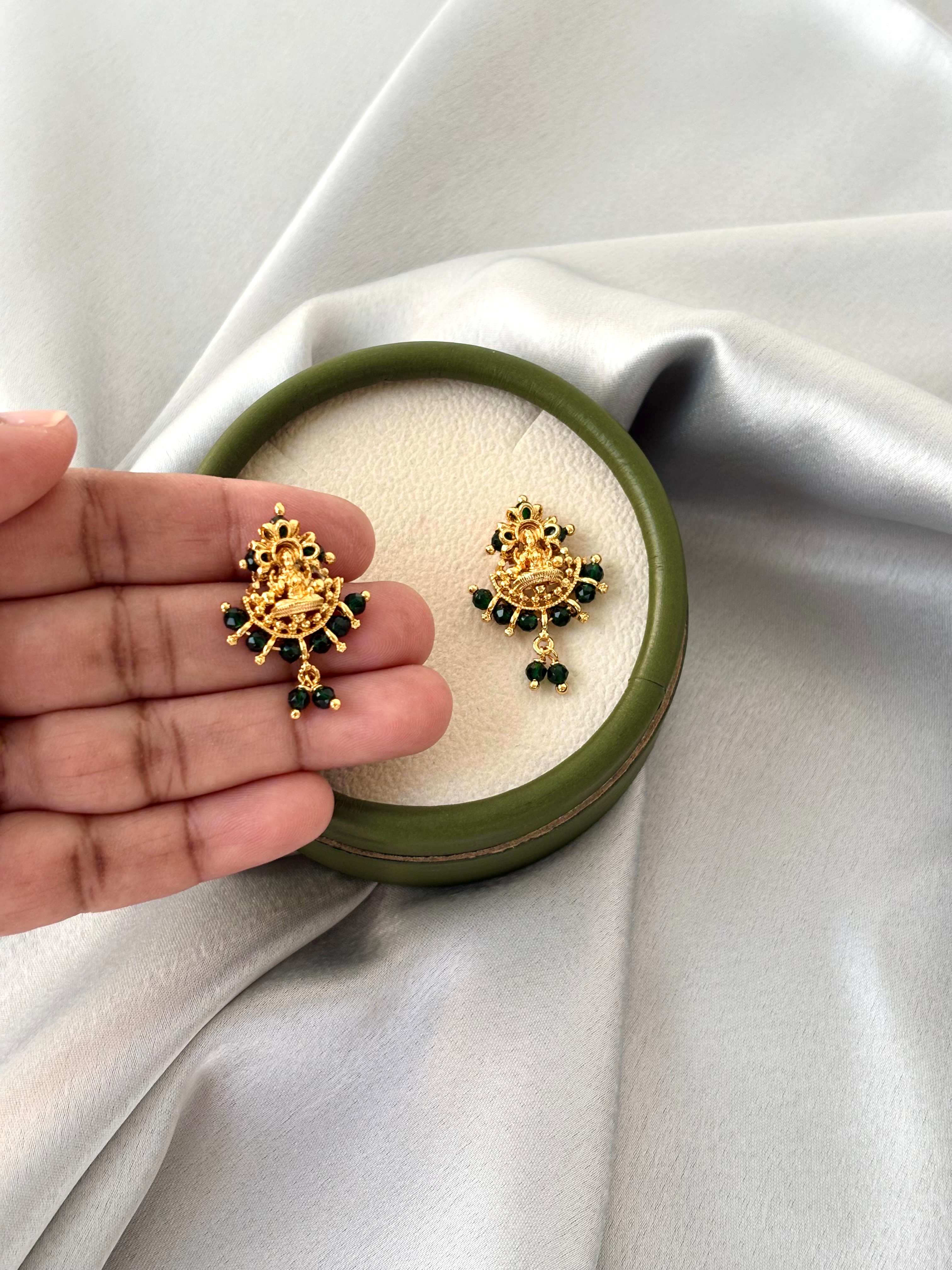 Gold Plated Laxmi Deity Earrings with Green Beads