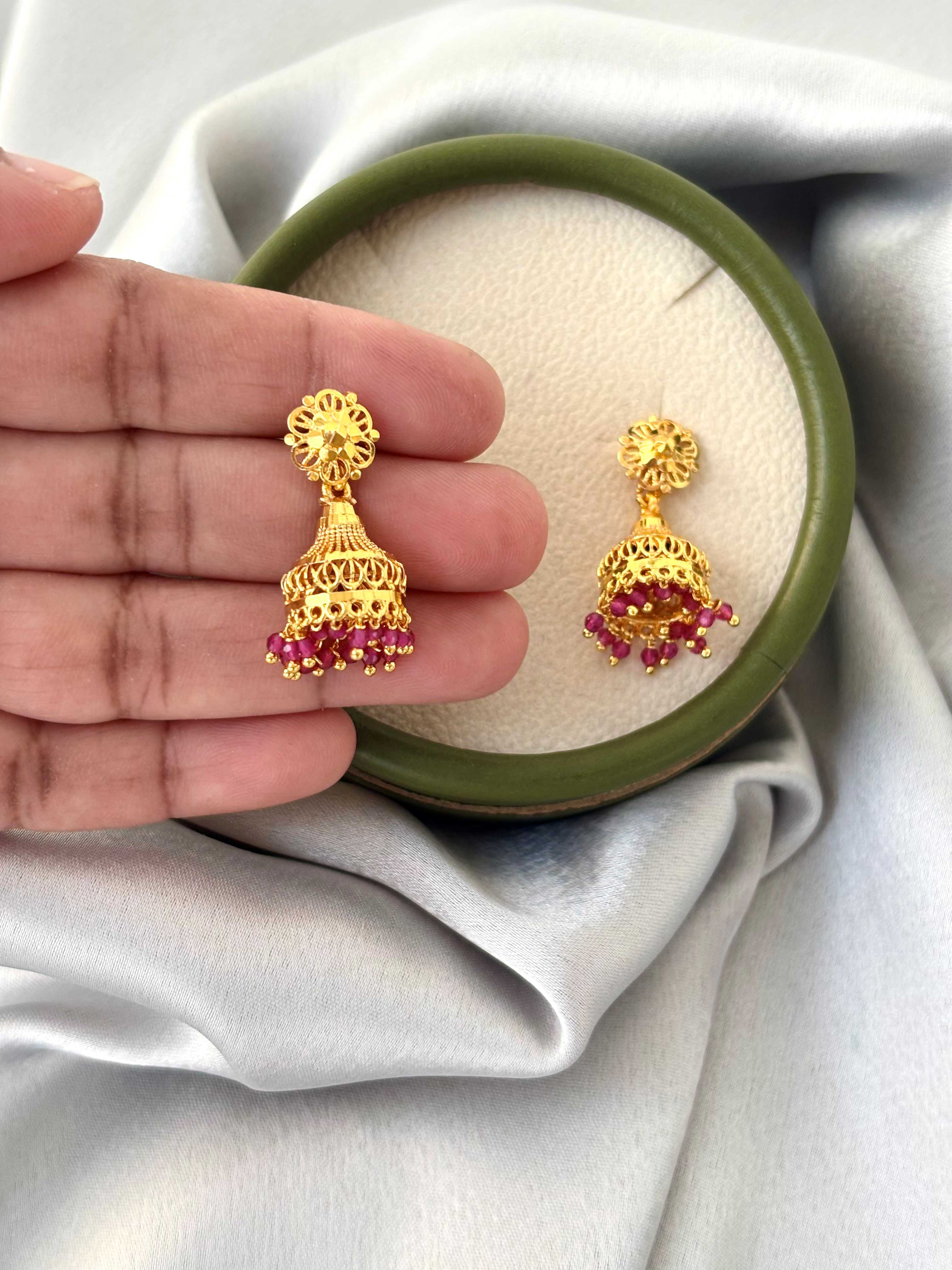 Gold Plated Jhumka with Pink Hydro Beads