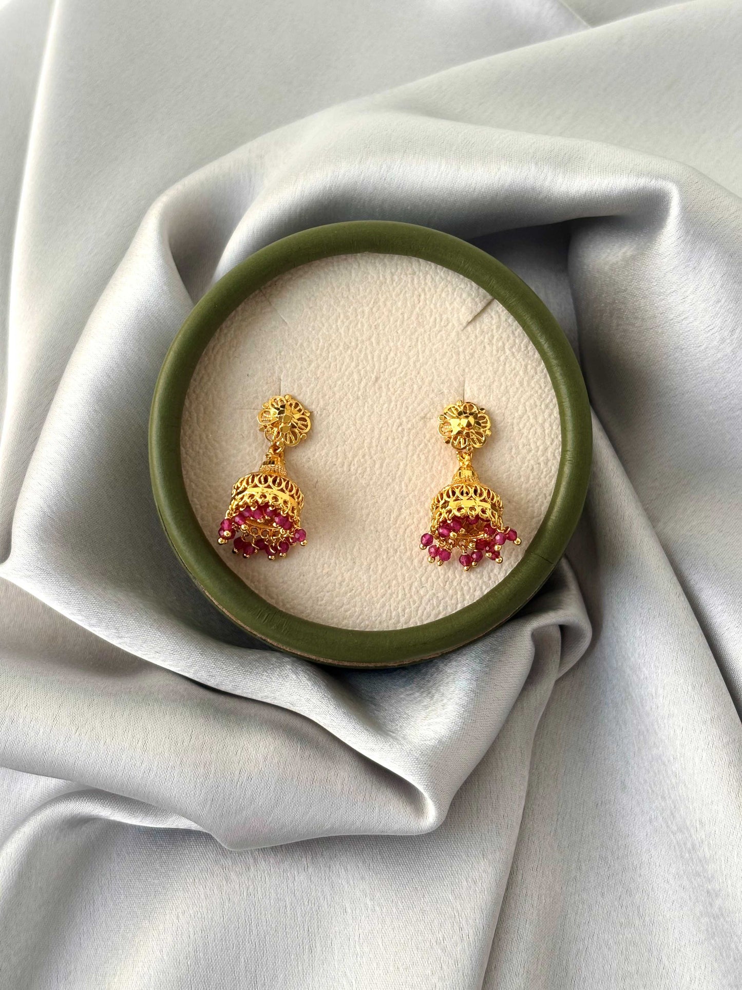 Gold Plated Jhumka with Pink Hydro Beads