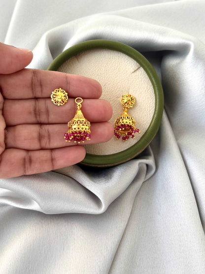 Gold Plated Jhumka with Pink Hydro Beads
