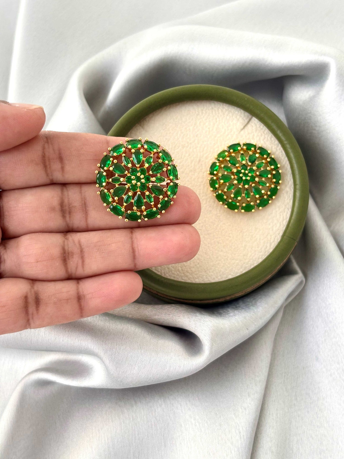 Gold Plated Green Stone Circular Studs