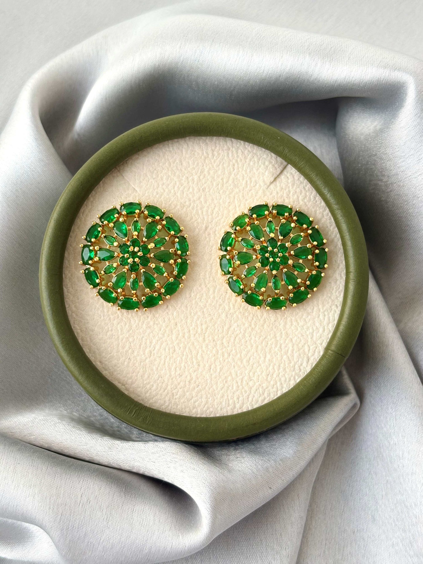 Gold Plated Green Stone Circular Studs
