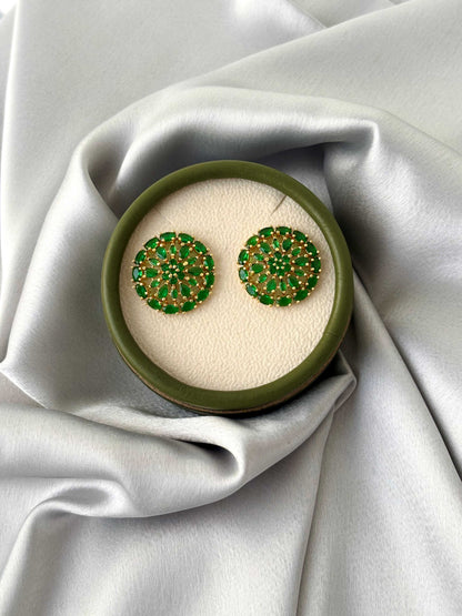 Gold Plated Green Stone Circular Studs