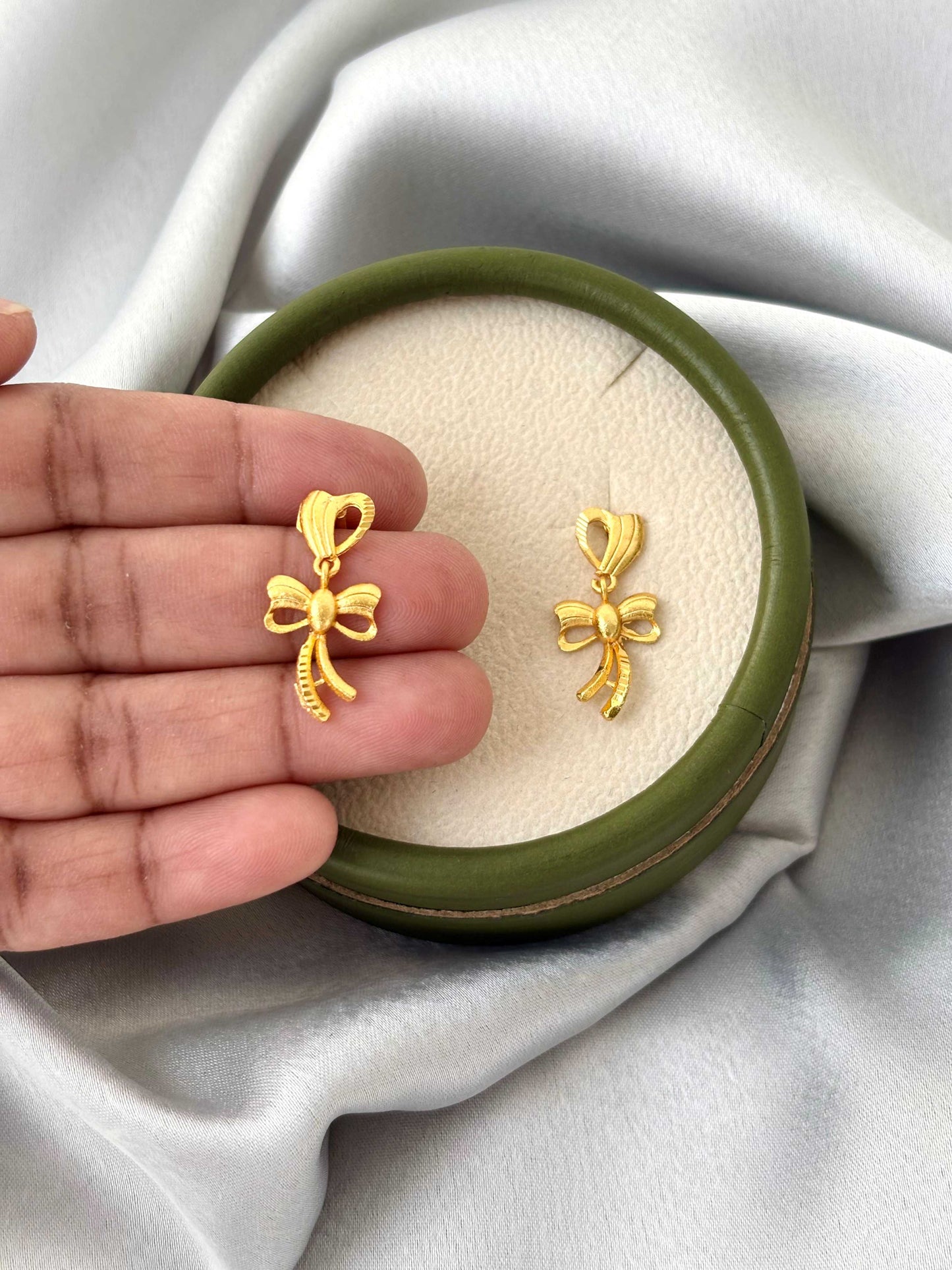 Gold Plated Heart Stud and Bow Drop Earrings
