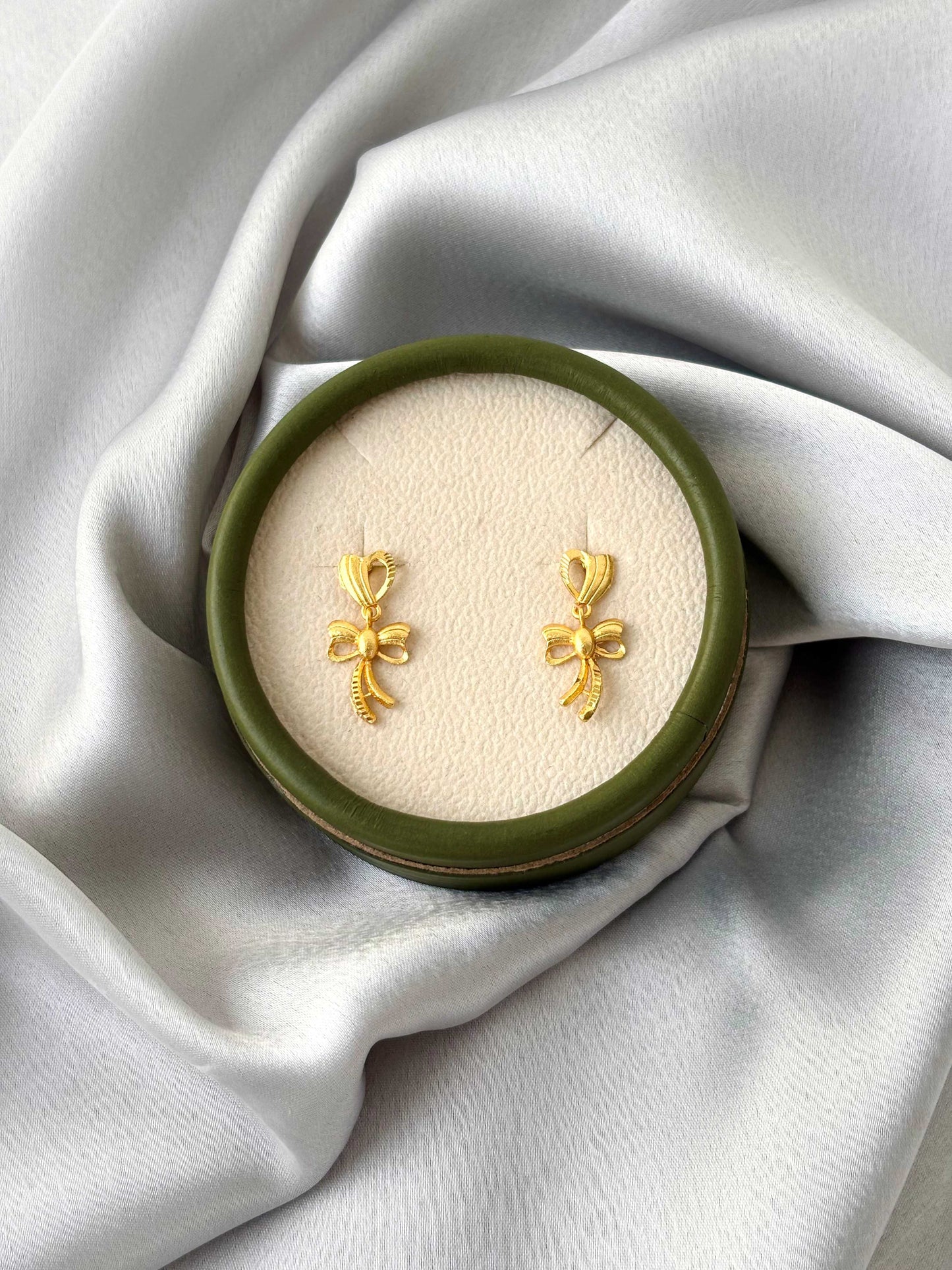 Gold Plated Heart Stud and Bow Drop Earrings