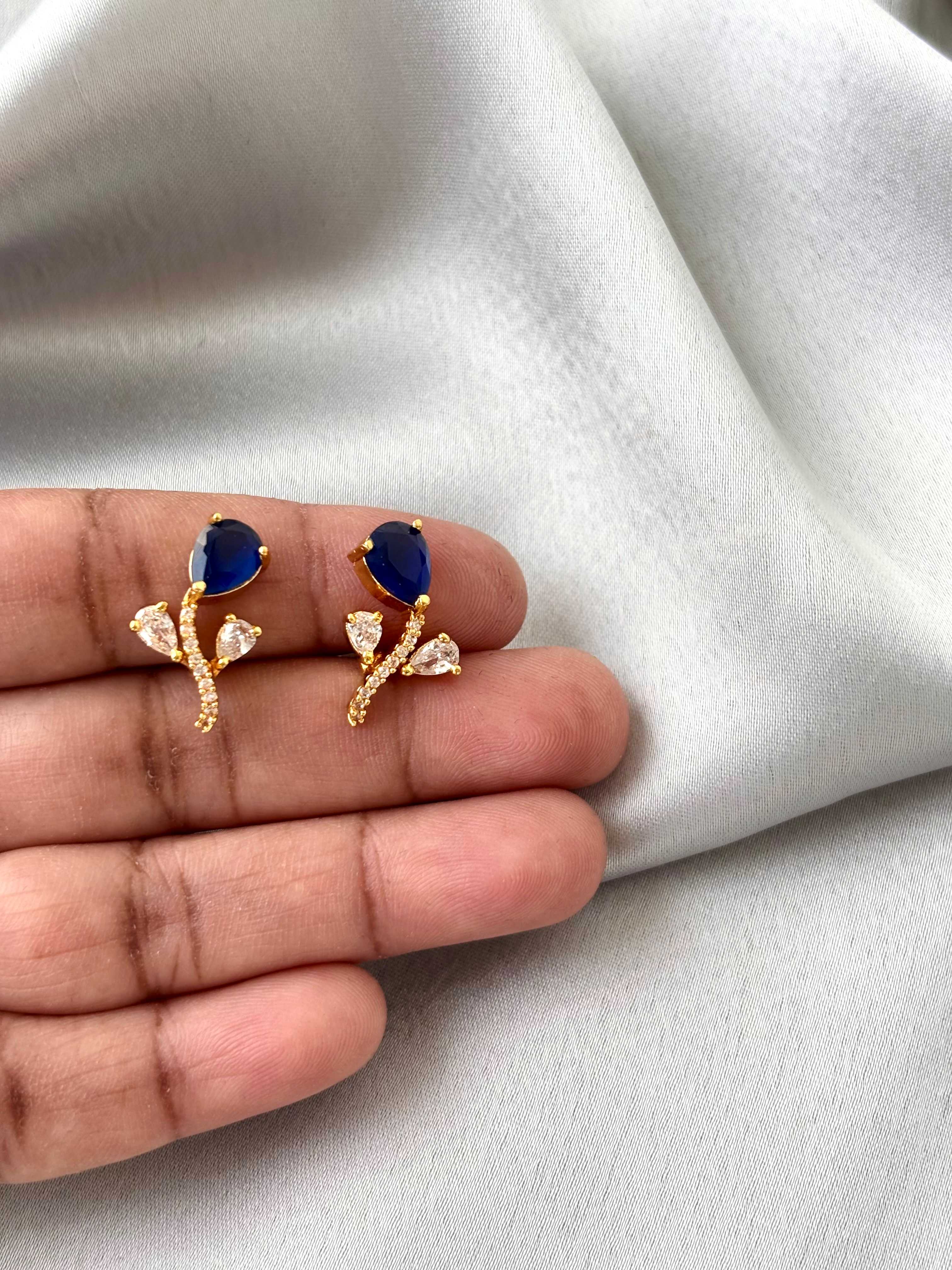 Gold Plated Blue Teardrop Floral Studs
