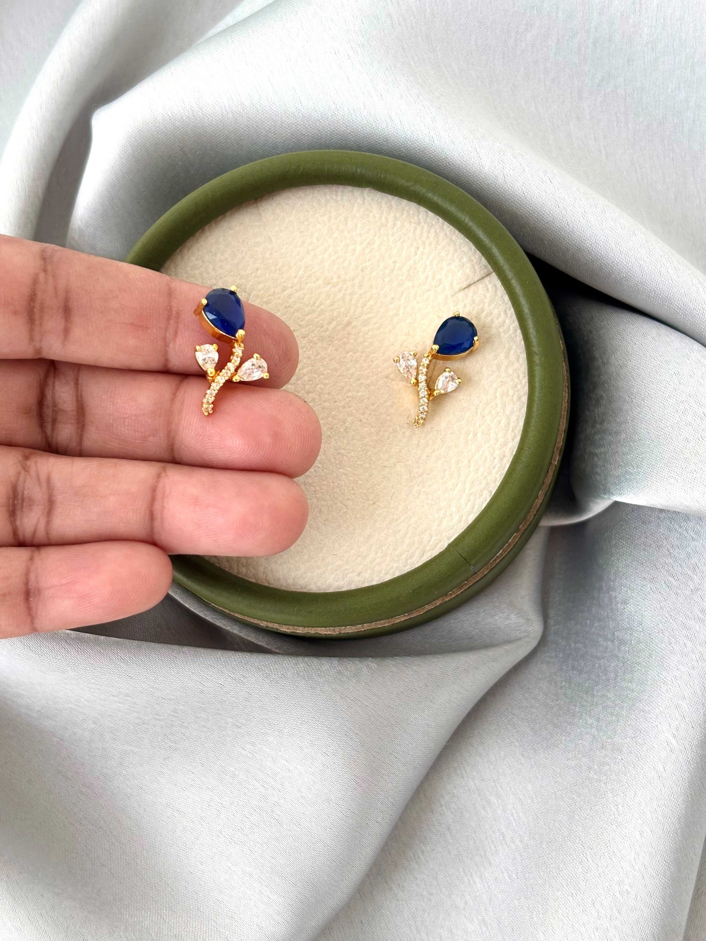 Gold Plated Blue Teardrop Floral Studs