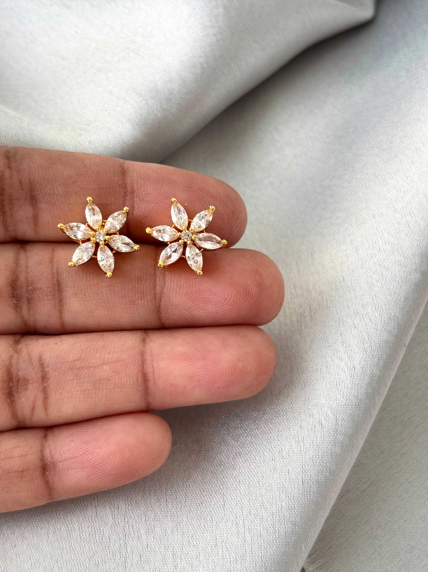 Gold Plated White Crystal Floral Studs