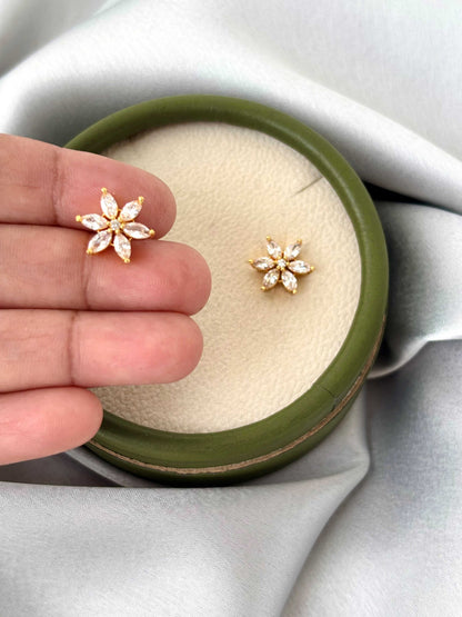 Gold Plated White Crystal Floral Studs
