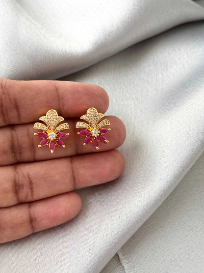Gold Plated Pink Stone Fan Studs
