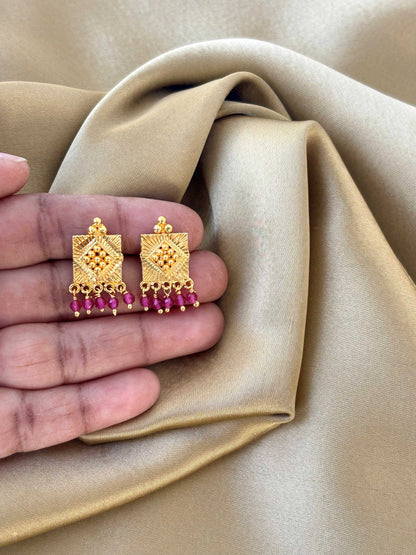 Gold Plated Textured Square Studs with Pink Beads