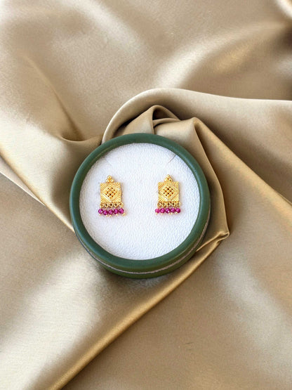Gold Plated Textured Square Studs with Pink Beads