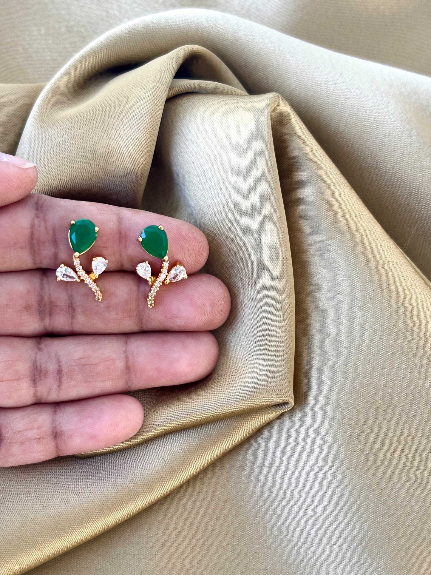 Gold Plated Green Teardrop Floral Studs