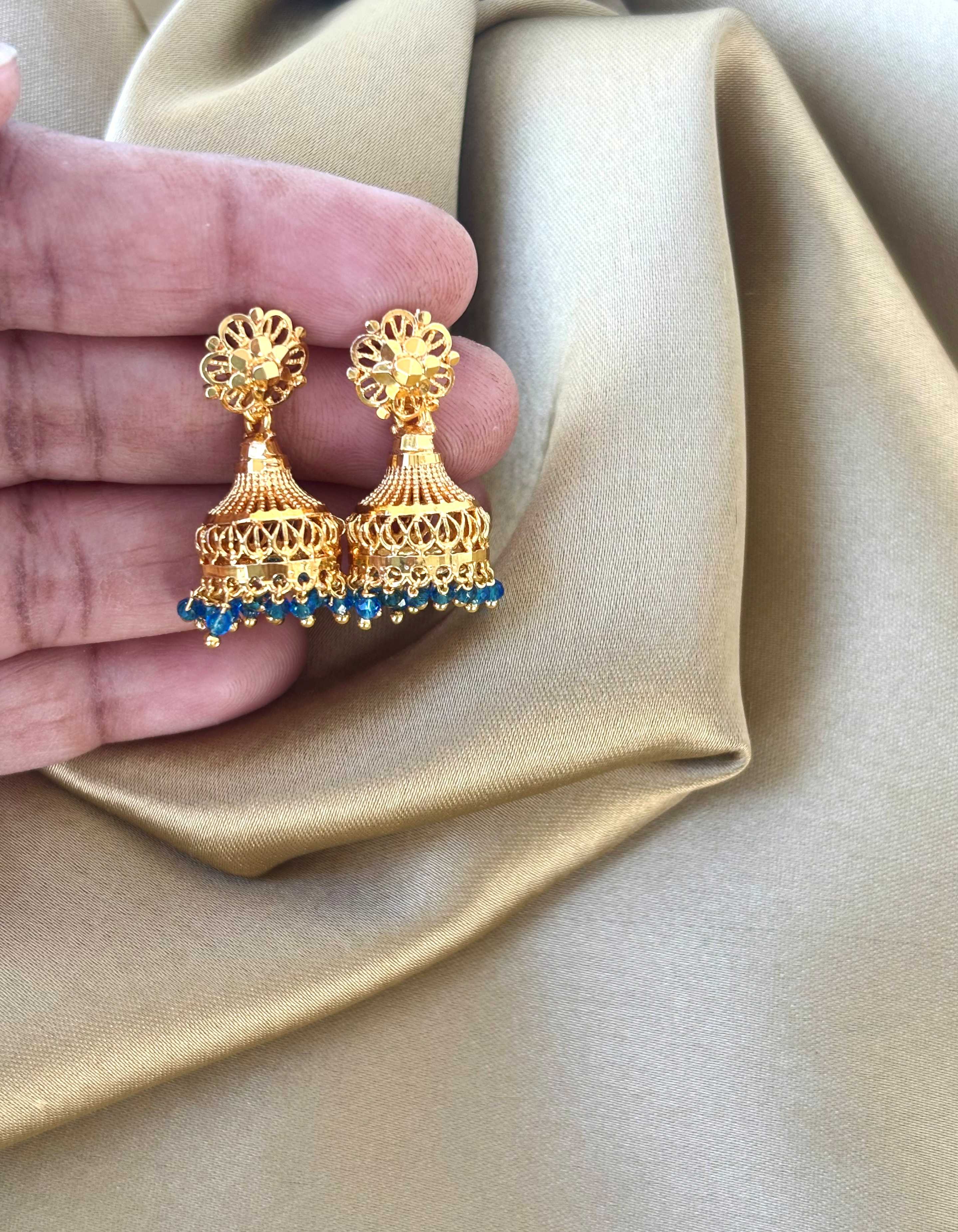 Gold Plated Jhumka with Blue Hydro Beads