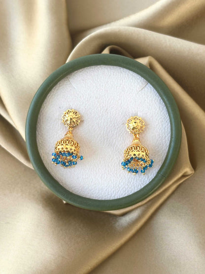 Gold Plated Jhumka with Blue Hydro Beads