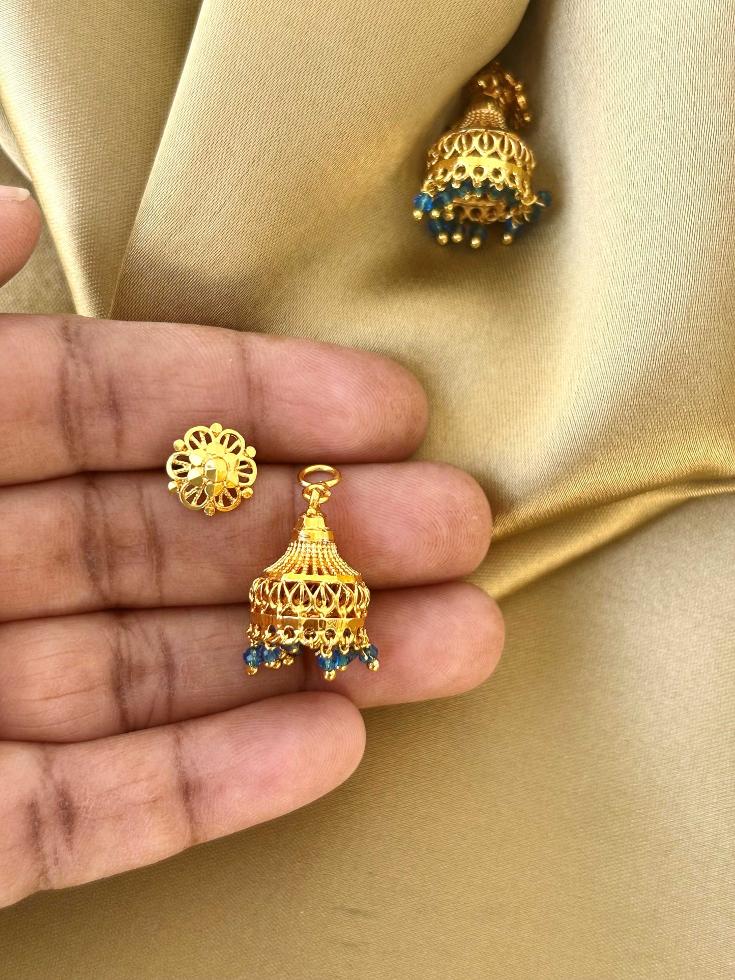 Gold Plated Jhumka with Blue Hydro Beads
