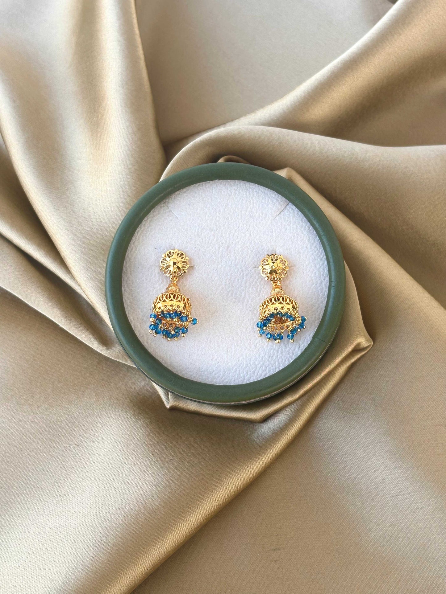 Gold Plated Jhumka with Blue Hydro Beads