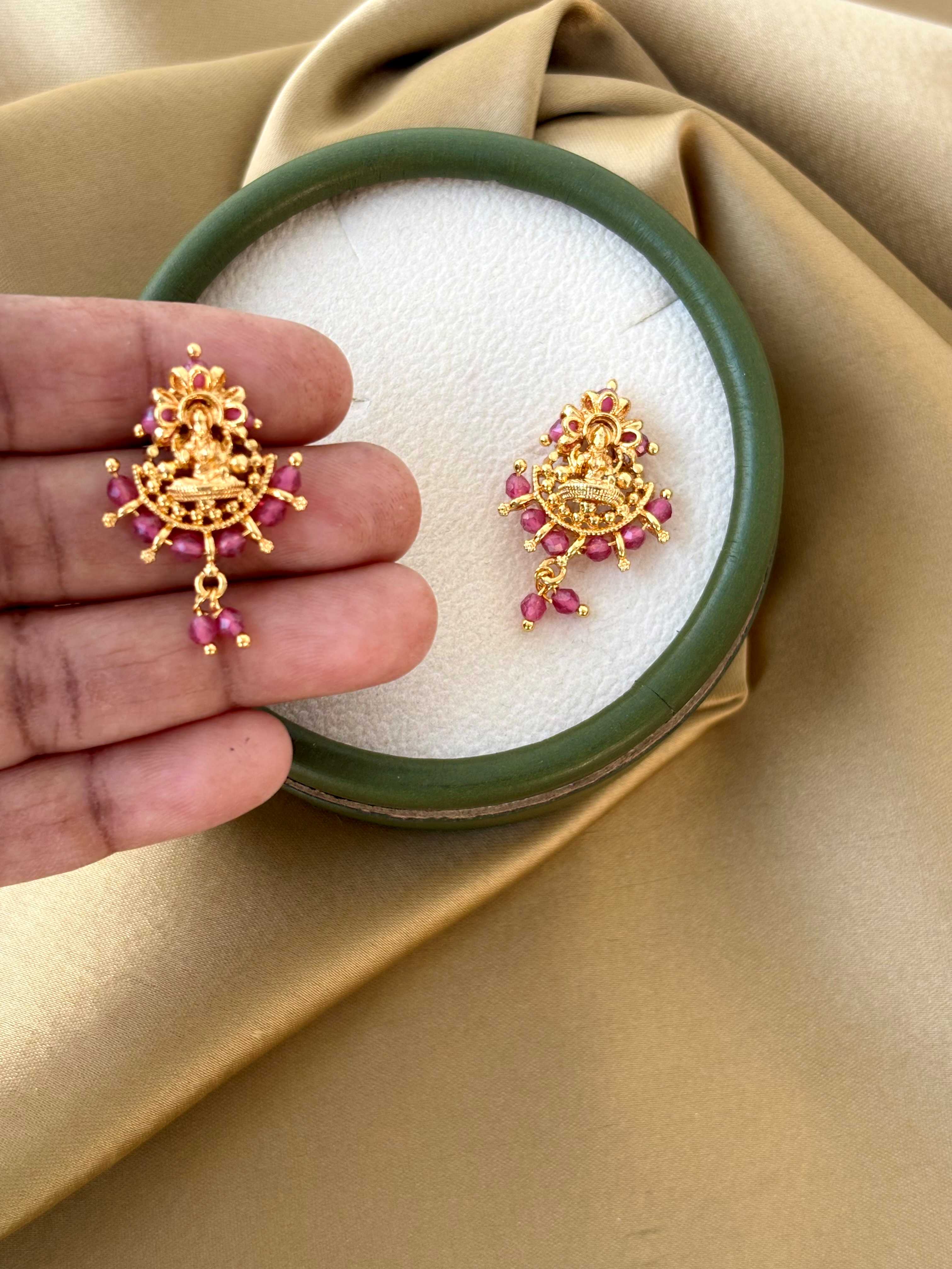 Gold Plated Lakshmi Deity Earrings with Pink Stones