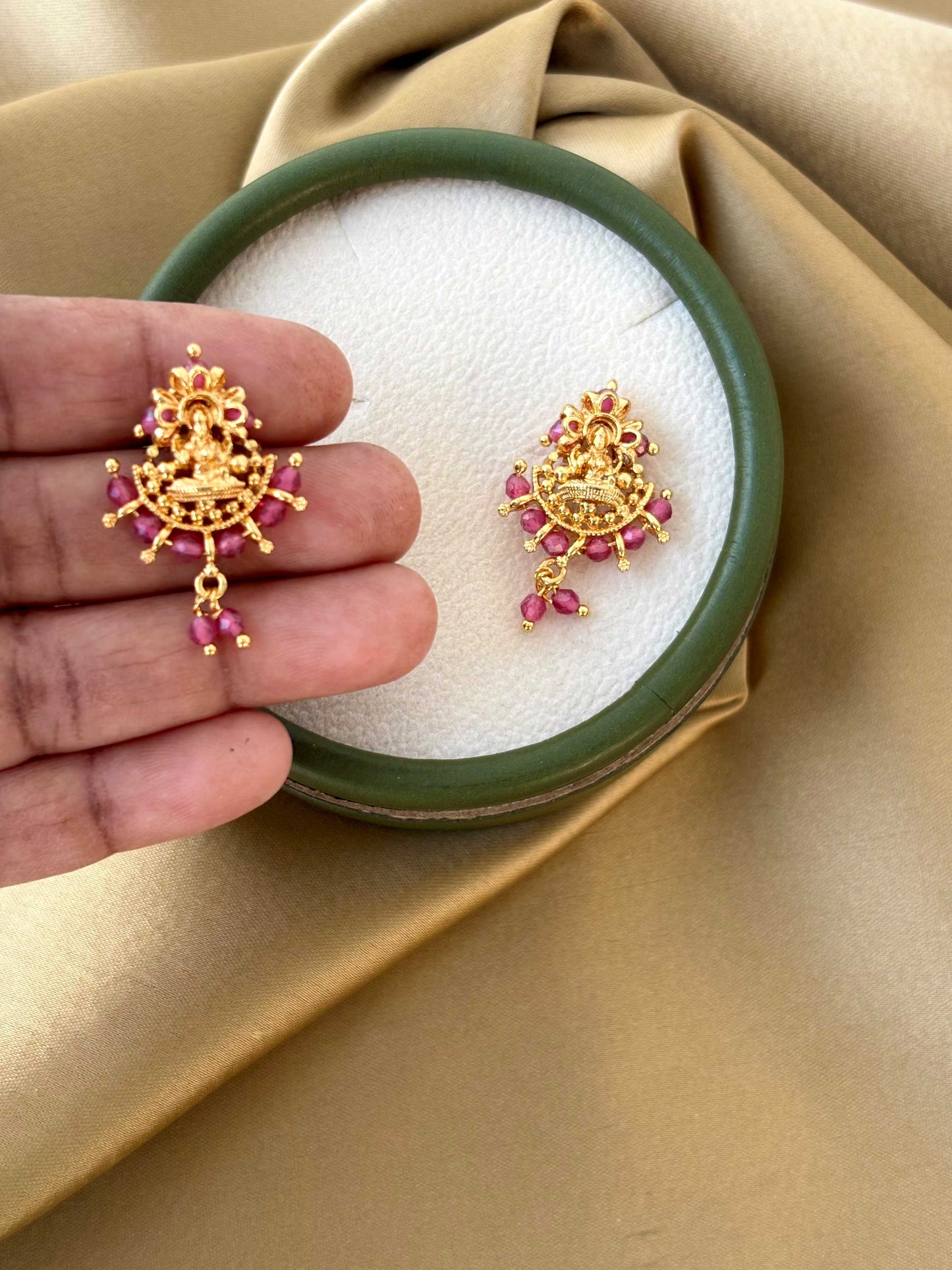 Gold Plated Lakshmi Deity Earrings with Pink Stones
