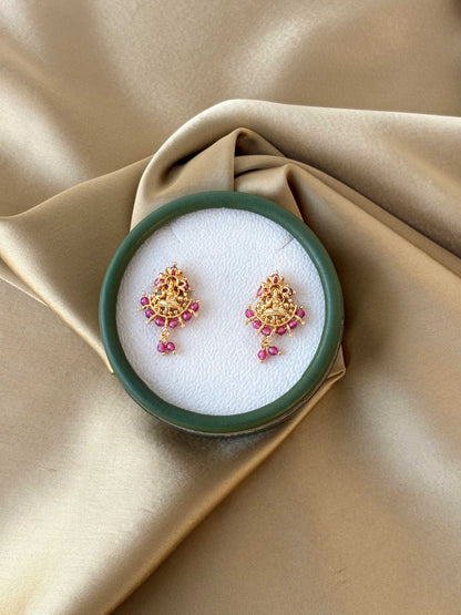 Gold Plated Lakshmi Deity Earrings with Pink Stones