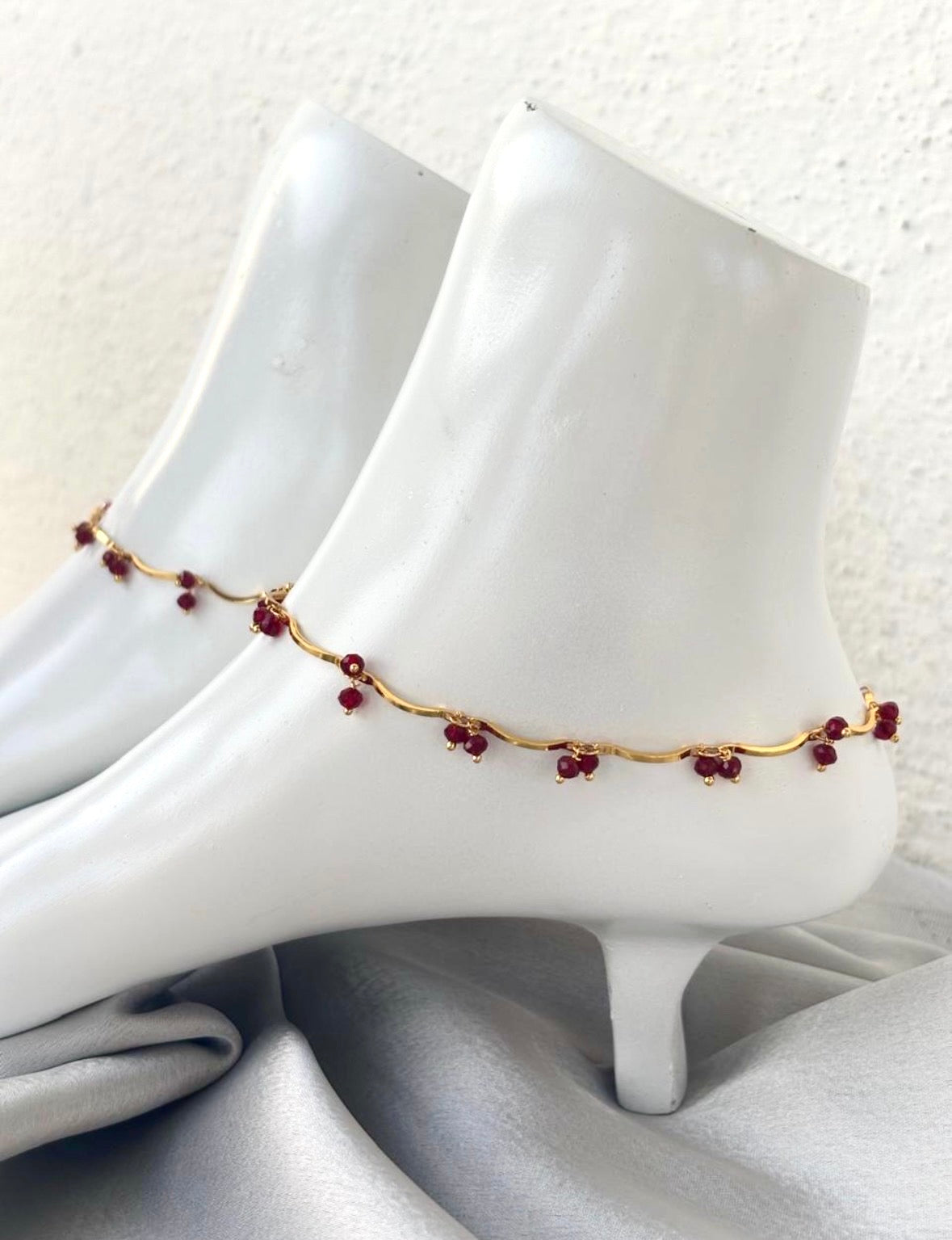 Ruby Red Beaded Wavy Gold-Plated Anklets