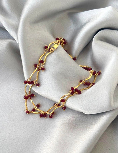 Ruby Red Beaded Wavy Gold-Plated Anklets