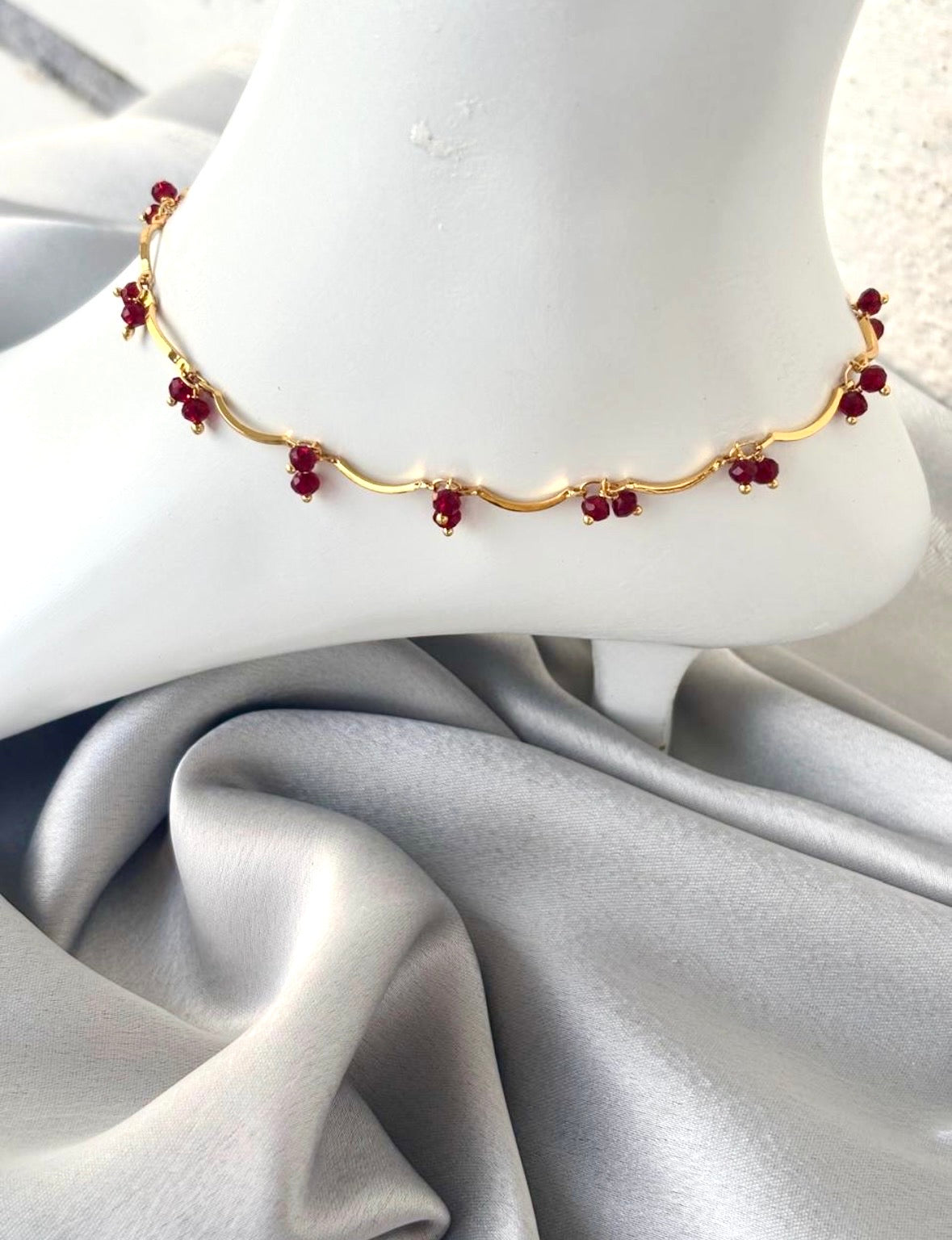 Ruby Red Beaded Wavy Gold-Plated Anklets