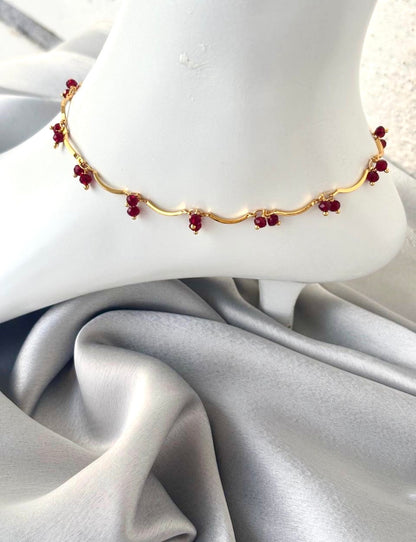 Ruby Red Beaded Wavy Gold-Plated Anklets