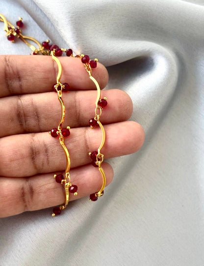 Ruby Red Beaded Wavy Gold-Plated Anklets