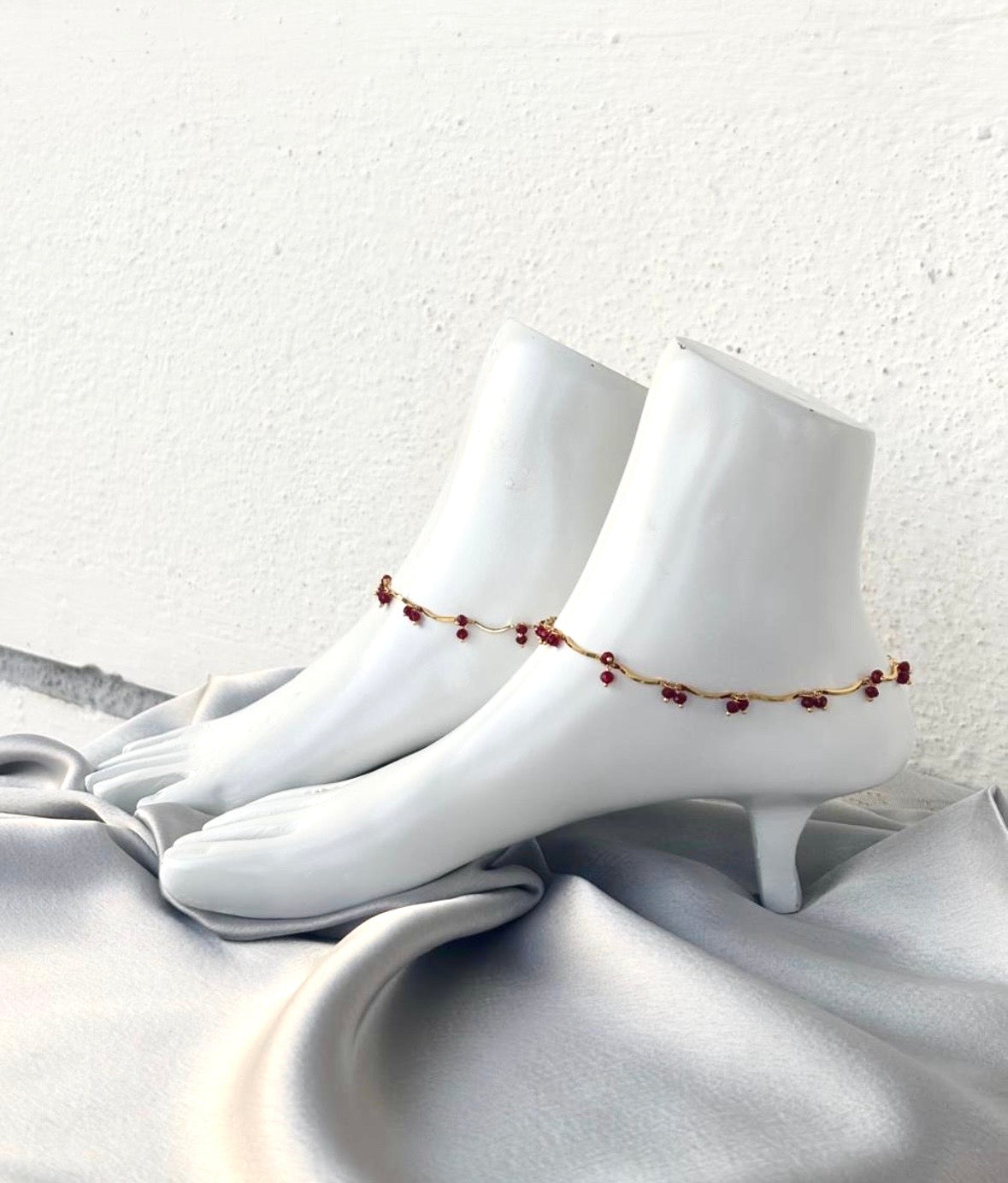 Ruby Red Beaded Wavy Gold-Plated Anklets