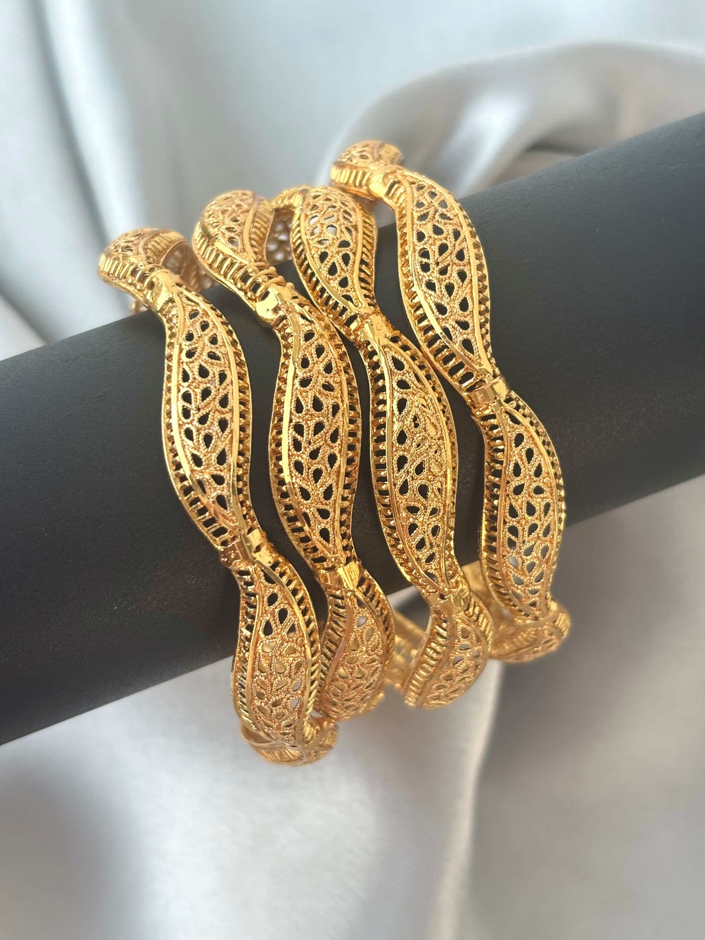 Ornate Wavy Filigree Gold-Plated Bangles