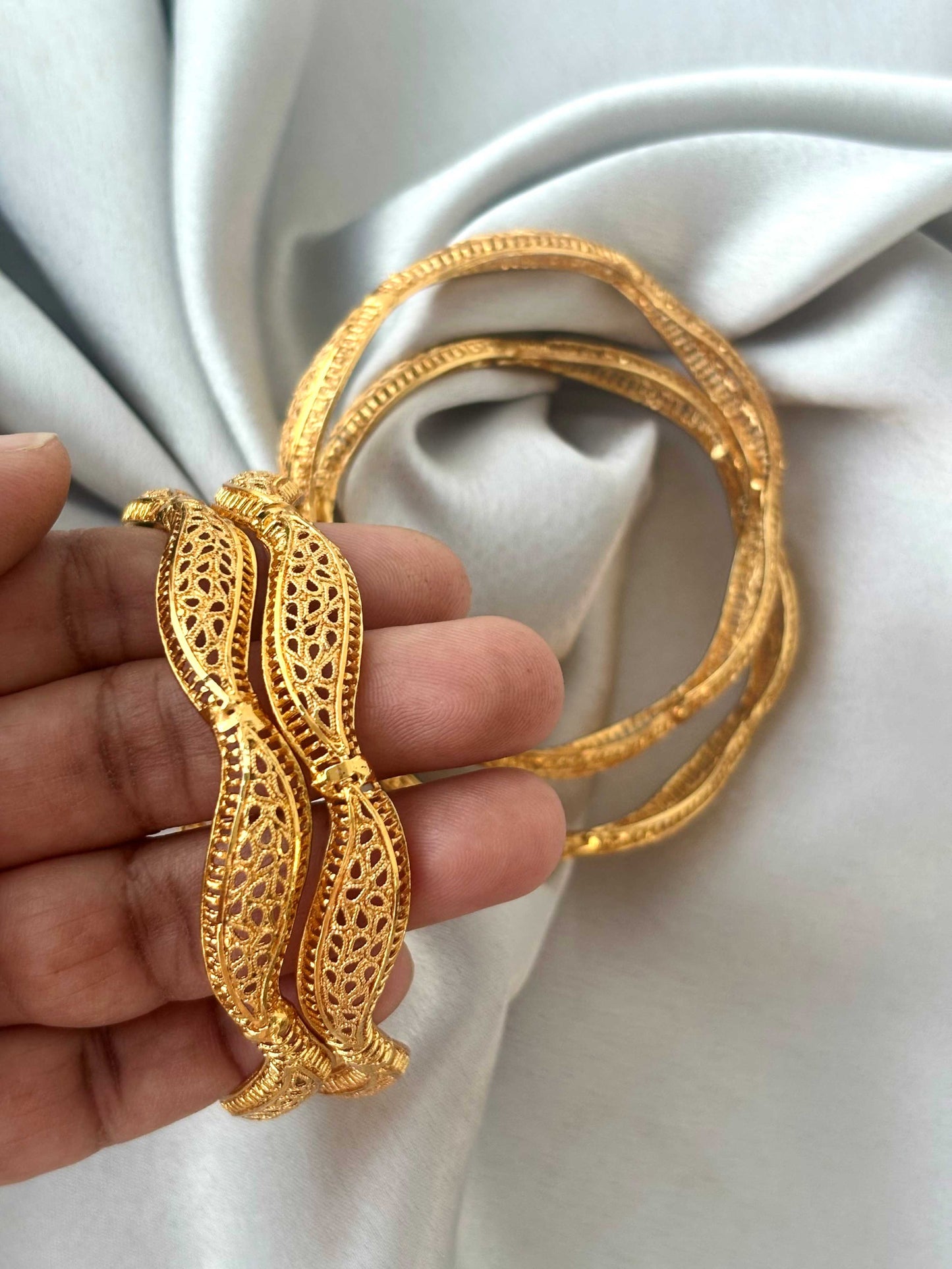 Ornate Wavy Filigree Gold-Plated Bangles