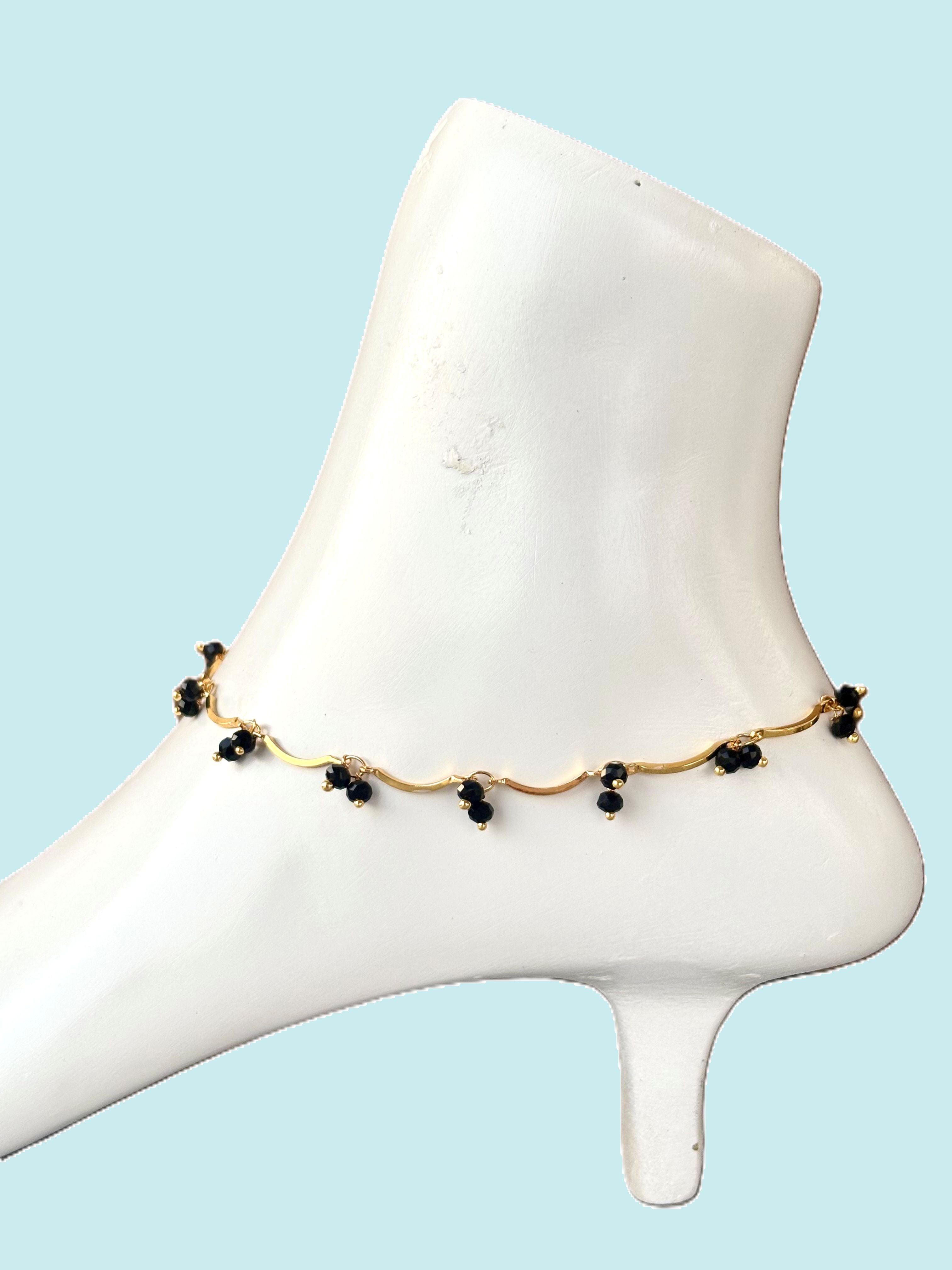 Gold-Plated Black Crystal Bead Anklet Size 10.5