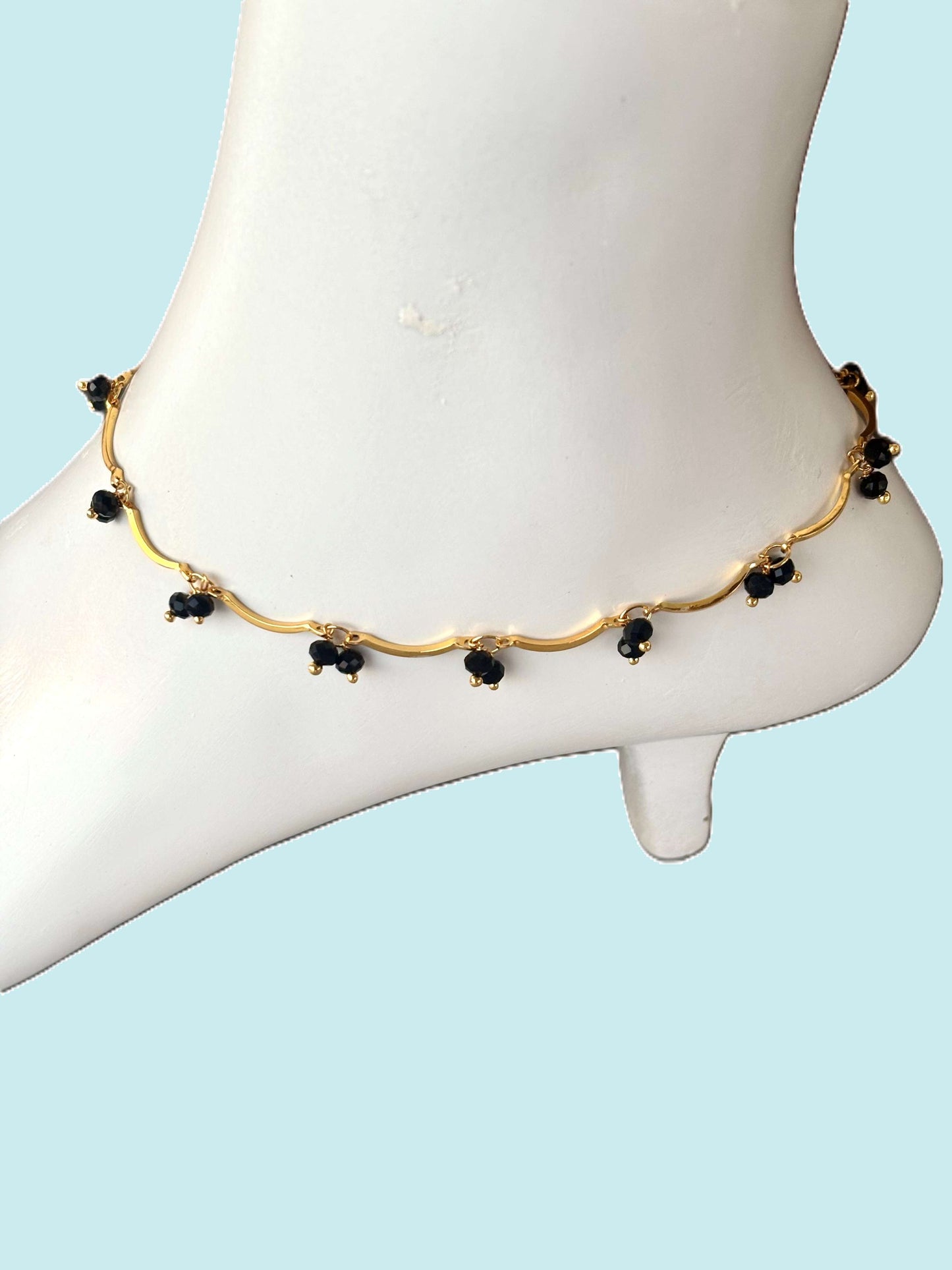 Gold-Plated Black Crystal Bead Anklet Size 10