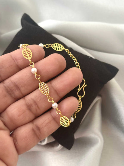 Gold-Plated Leaf and Pearl Bracelet